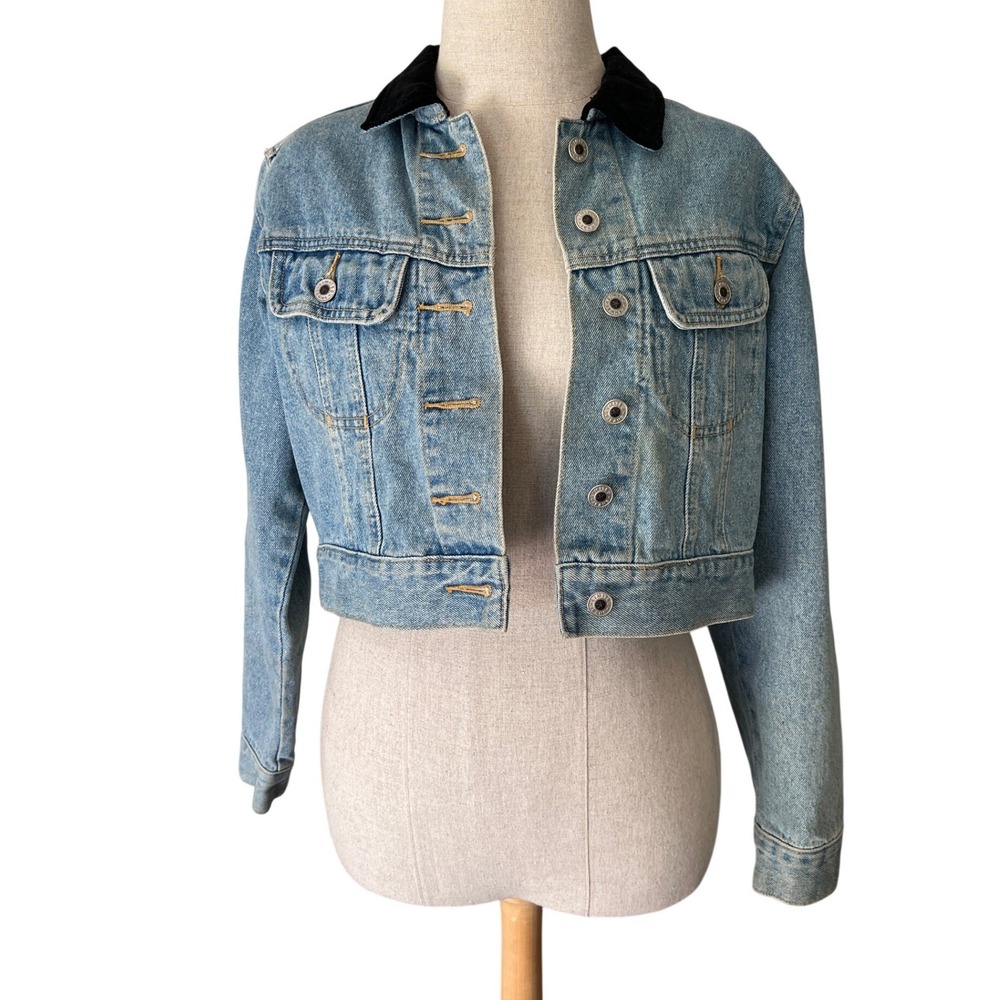 Limited Denim Jacket Small Light Velvet Contrast Collar Cropped 90s Grunge Y2K